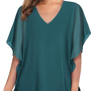 Lotusmile Women's Loose Flouncing Flutter Sleeve Double-Layered Shirt Chiffon El